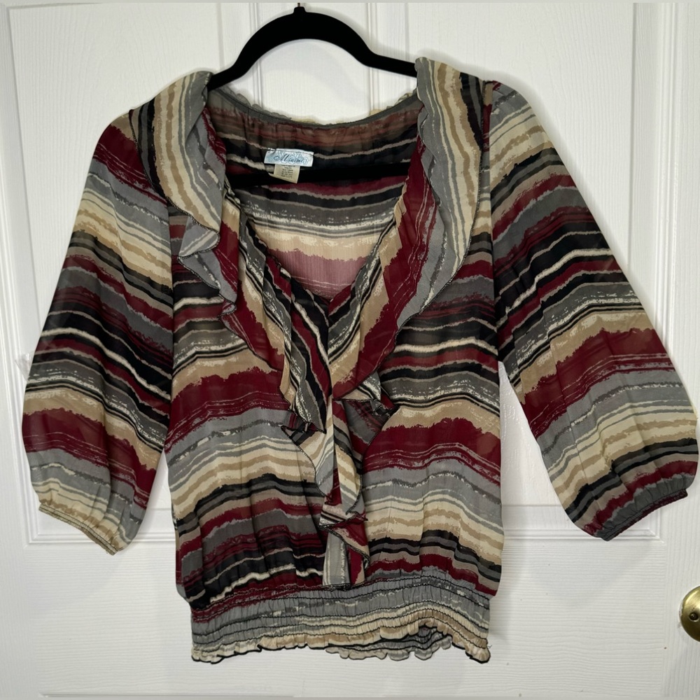 Minimi 3/4 Sleeve Sheer Blouse with Ruffled V-Neck. Size L. Color Maroon, Black,